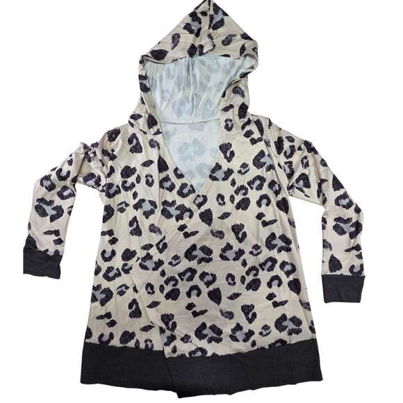 Cardigan Leopard Ultra Soft Cream Black Open Front Hood Lightweight Womens Med - Picture 2 of 8